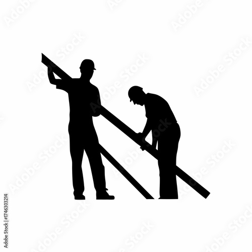 Silhouette of two carpenters working on a roof frame isolated on white background