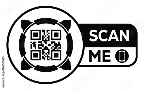 Minimalist black and white QR code label design with "SCAN ME" message, modern style, ideal for marketing, digital menus, business promotions, and mobile-based contactless solutions.
