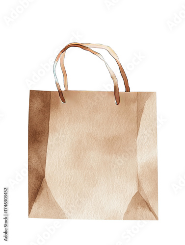 Watercolor illustration of an empty brown paper shopping bag with handles depicted with a textured surface isolate