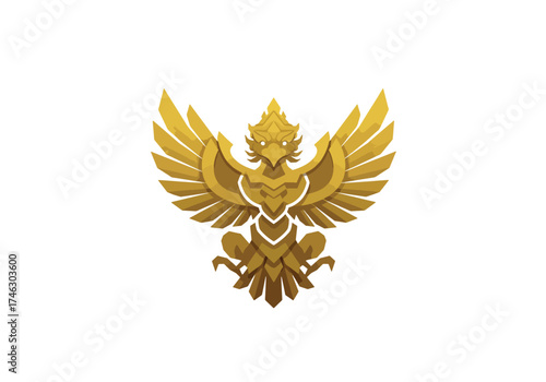 A golden mythological bird with outstretched wings, detailed feathers, and a regal pose against a white background.