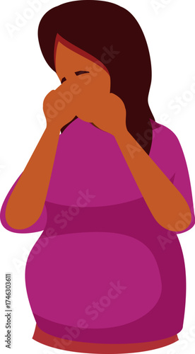 Pregnant woman suffering from nausea, covering her mouth with hands, experiencing morning sickness