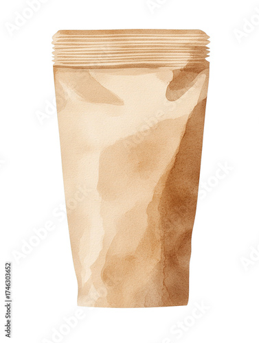 Watercolor illustration of an empty brown paper stand up pouch with crinkled texture and a ribbed sealed top transparent background