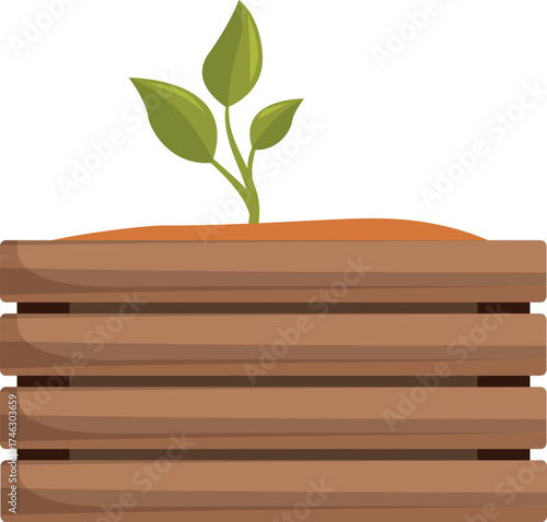Green plant growing in a wooden crate filled with soil, representing gardening, sustainability, and environmental consciousness