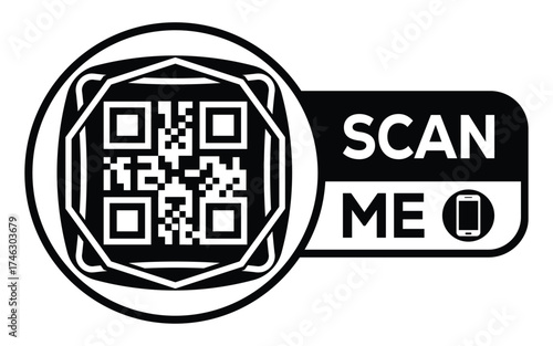 Minimalist black and white QR code label design with "SCAN ME" message, modern style, ideal for marketing, digital menus, business promotions, and mobile-based contactless solutions.