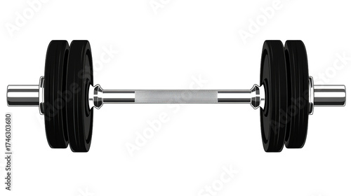 Gleaming chrome barbell with textured grip and heavy black weight plates attached isolated on a dark background isolate