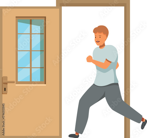 Happy man running and escaping through an open door, concept of freedom, escape and liberation