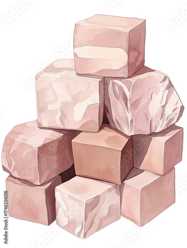 Watercolor illustration of a stack of pink and peach colored cubes with subtle marbled texture isolate