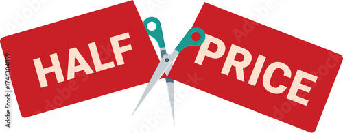 Scissors cutting a half price label, representing a discount offer, sale or promotion