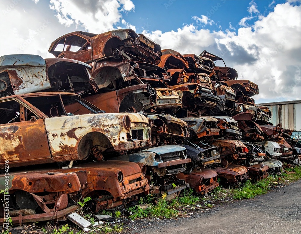 Fototapeta premium Large Stack of Rusted and Abandoned Car Wrecks in an Outdoor Scrap Yard