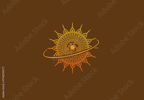 A stylized sun design with intricate details and a swirling orbit against a brown background.