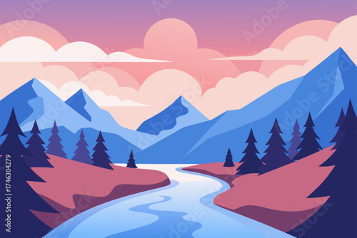 Illustration of mountains and river scene on transparent background silhouette