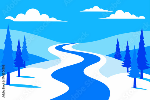 Winter landscape with trees and winding path on transparent background silhouette