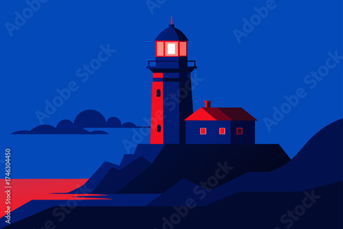 Lighthouse and house on a cliff at night on transparent background silhouette