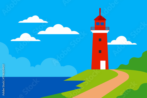 Red lighthouse on coast with blue skies on transparent background silhouette