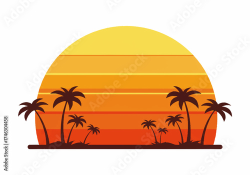 Silhouette Palm Trees and Sunset Illustration with Orange and Yellow Hues.