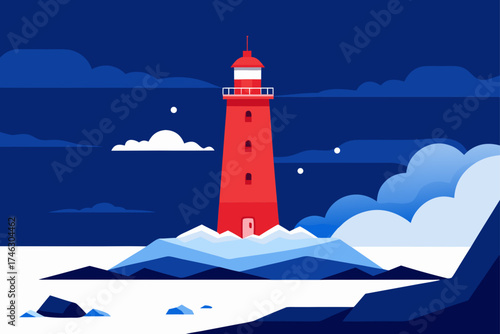 Red lighthouse on rocks at night scenery on transparent background silhouette
