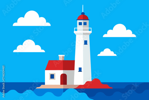 Illustration of a lighthouse by the sea on transparent background silhouette