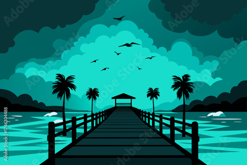 Pier scene with palm trees and birds sky on transparent background silhouette