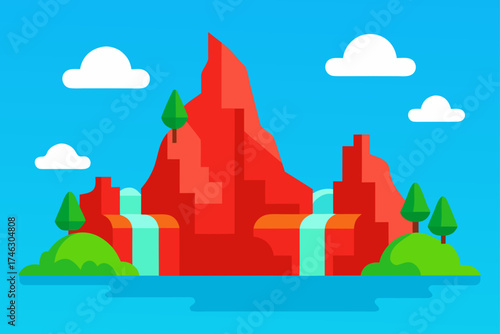Flat landscape with red mountain and trees on transparent background silhouette