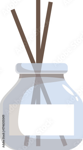 Aromatic reed diffuser spreading fragrance in a glass jar with blank label, creating a cozy and inviting atmosphere