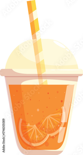 Refreshing orange juice served in a plastic cup with a straw and orange slices, perfect for a quick and healthy beverage