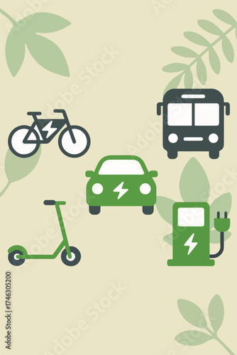 Flat vector icons of eco mobility with clean background for environmental designs.