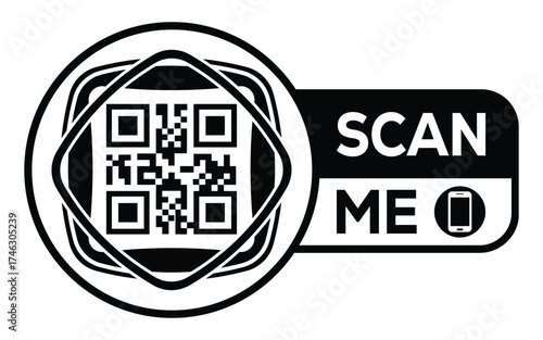 Minimalist black and white QR code label design with "SCAN ME" message, modern style, ideal for marketing, digital menus, business promotions, and mobile-based contactless solutions.