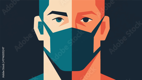 Illustration Of Stylized Portrait Where One Side Of The Face And The Other Is A Perfectly Flat Vector Design Template