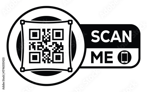 Minimalist black and white QR code label design with "SCAN ME" message, modern style, ideal for marketing, digital menus, business promotions, and mobile-based contactless solutions.