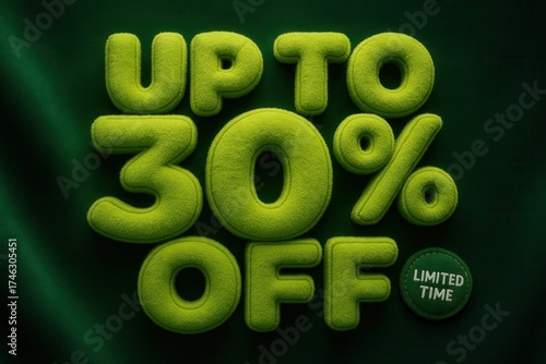 Discount banner featuring UP TO 30% OFF limited time offer, plush style, vibrant retail sale promotion.