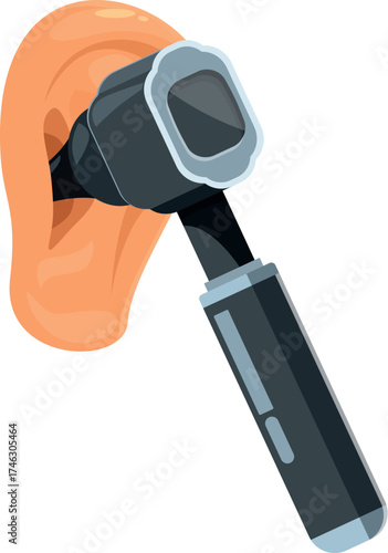 Close up of an otoscope being used to examine the ear canal, highlighting medical diagnosis and ear health