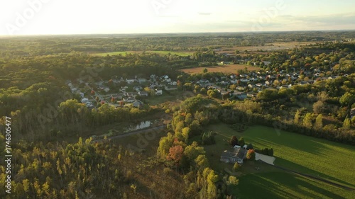 Countryside landscape drone footage. Autumn, sunset, sunny