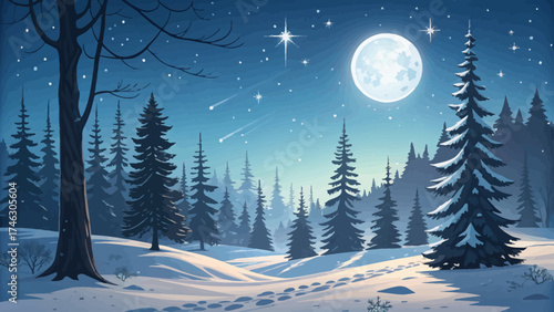 A serene winter night scene featuring snow-covered evergreen trees and a winding path under a bright full moon. The sky is filled with twinkling stars and a shooting star