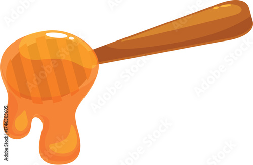 Honey dripping from wooden honey dipper, creating a sweet and golden stream