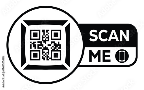 Minimalist black and white QR code label design with "SCAN ME" message, modern style, ideal for marketing, digital menus, business promotions, and mobile-based contactless solutions.