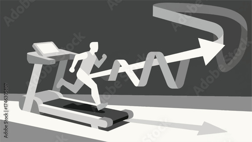 illustration of stylized representation of a timeline that is actually a treadmill, forcing the user to run endlessly just to keep up with the scroll.eps