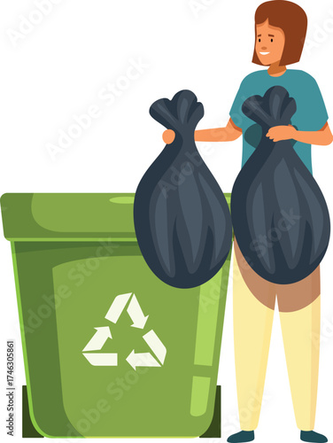 Volunteer holding two garbage bags next to a recycling bin, promoting responsible waste management and environmental awareness