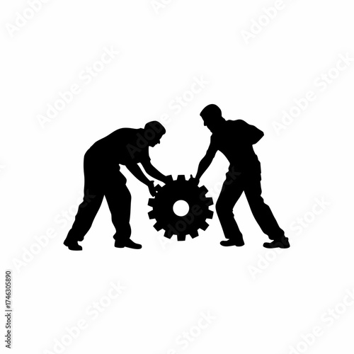 Silhouette of factory workers adjusting heavy machinery gears isolated on white background