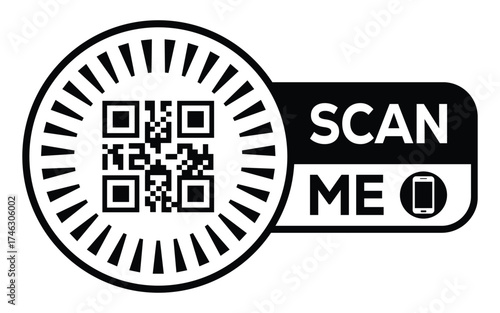 Minimalist black and white QR code label design with "SCAN ME" message, modern style, ideal for marketing, digital menus, business promotions, and mobile-based contactless solutions.