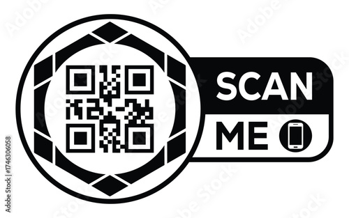 Minimalist black and white QR code label design with "SCAN ME" message, modern style, ideal for marketing, digital menus, business promotions, and mobile-based contactless solutions.