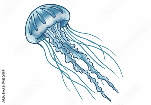 Watercolor Illustration of a Graceful Blue Jellyfish Floating.