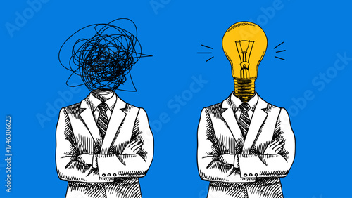 Modern collage of sketch suits with chaotic scribble head and light bulb head. Confusion of thought and creativity ideas concept. Retro hand drawn vector illustration