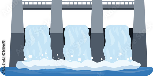 Water flowing through hydroelectric dam, generating renewable energy