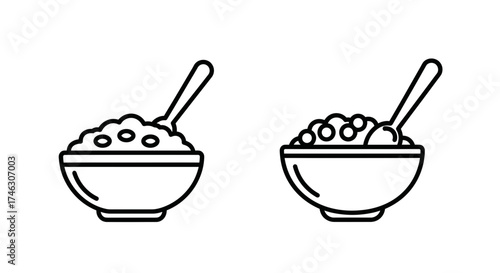 Two simple line art icons of bowls of cereal with spoons.