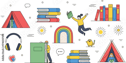  Vector art of whimsical illustration of reading and learning elements, including books, a tent, a rainbow, headphones, and a happy person reading