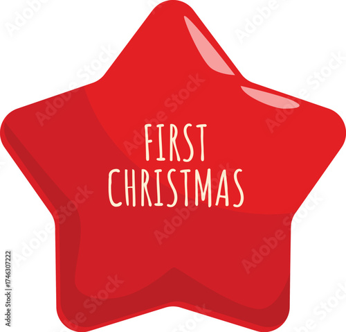 Red five pointed star with a glossy finish announcing a baby's first christmas, perfect for festive decorations and celebrations