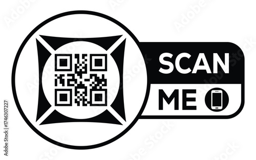 Minimalist black and white QR code label design with "SCAN ME" message, modern style, ideal for marketing, digital menus, business promotions, and mobile-based contactless solutions.