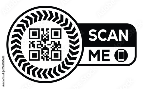Minimalist black and white QR code label design with "SCAN ME" message, modern style, ideal for marketing, digital menus, business promotions, and mobile-based contactless solutions.