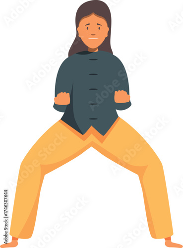 Woman performing a kung fu stance, embodying strength, discipline, and focus in martial arts