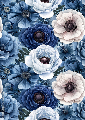 A blue and white floral print with a blue flower in the center